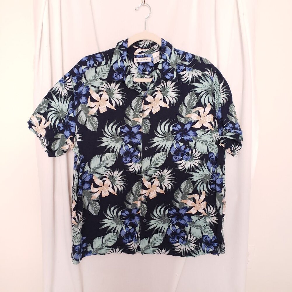 Cubavera Navy Blue Multcolor Hawaiian Tropical Floral Collar Button Shirt Size L